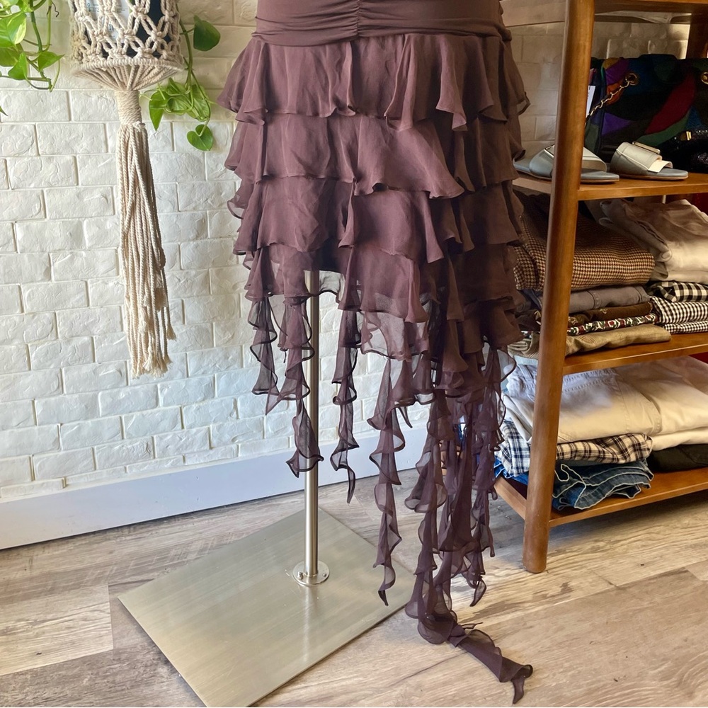 VTG Y2K BCBG MAXAZRIA Brown Ruched Halter Chiffon Ribbon Asymmetrical Dress - Picture 12 of 16